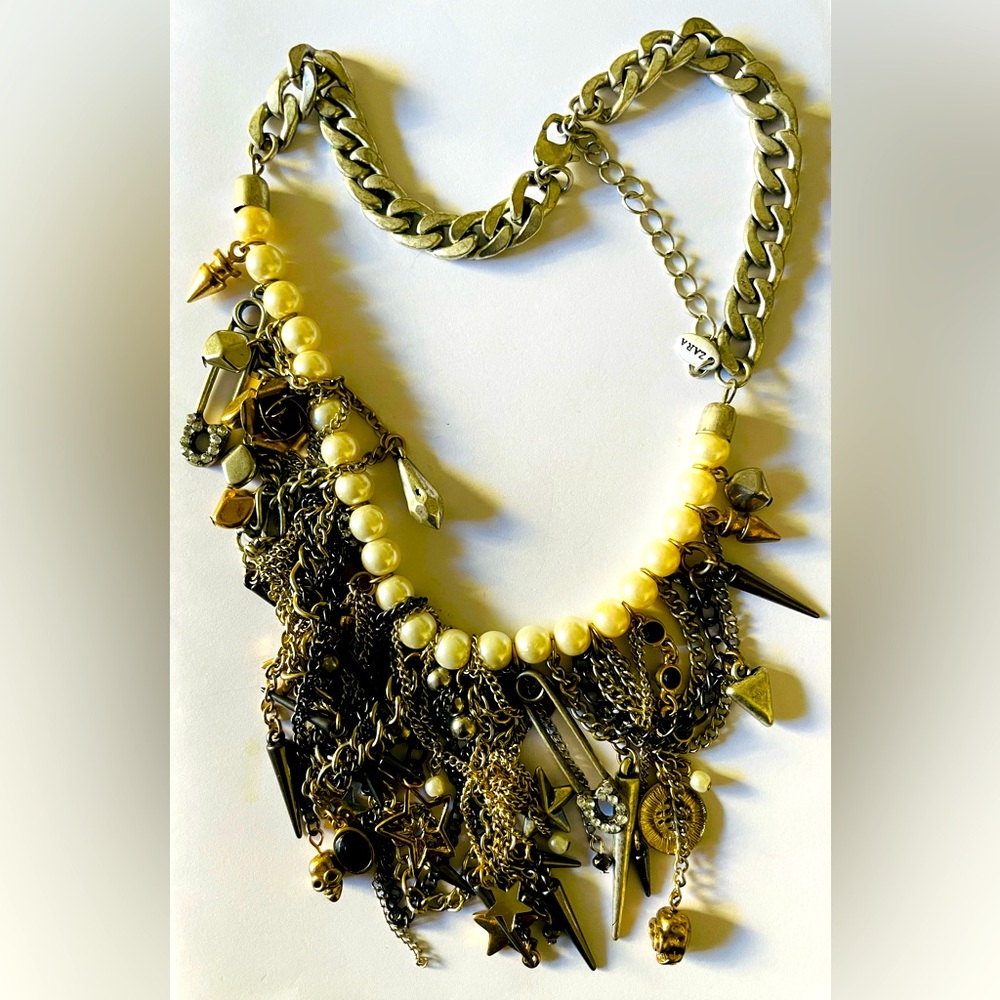Zara necklace grunge faux pearls curb chain charms fringe skull spikes rose
